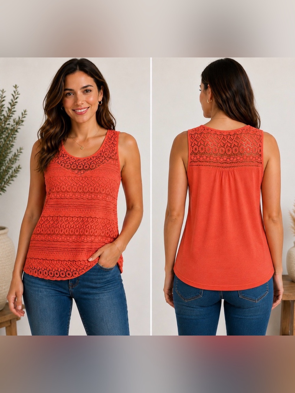 Solitaire coral color crocheted lined top size large